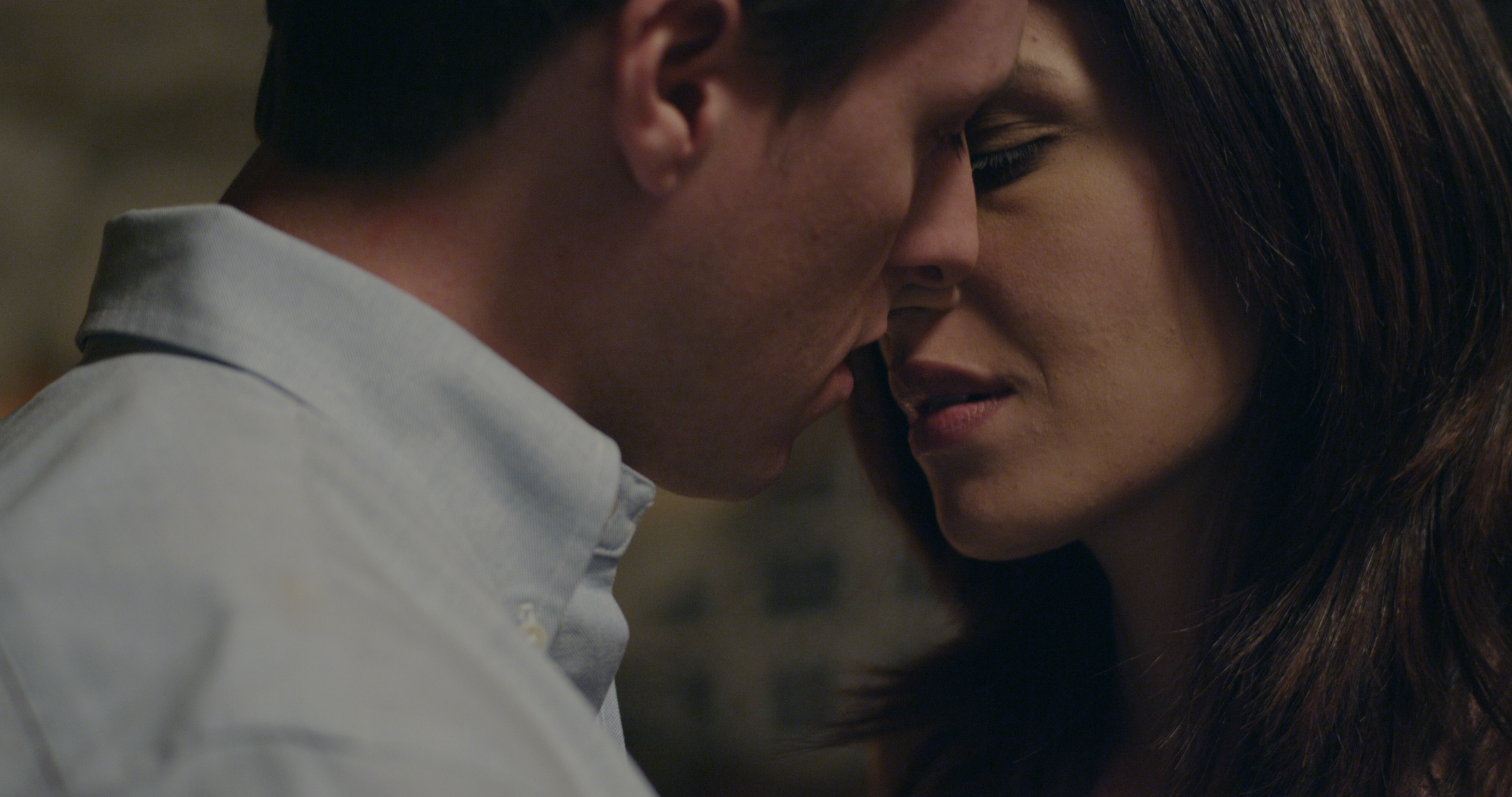 A man and woman, eyes closed, moments from a kiss. She has long shoulder length brown hair and he has short brown hair. He wears a light blue shirt.