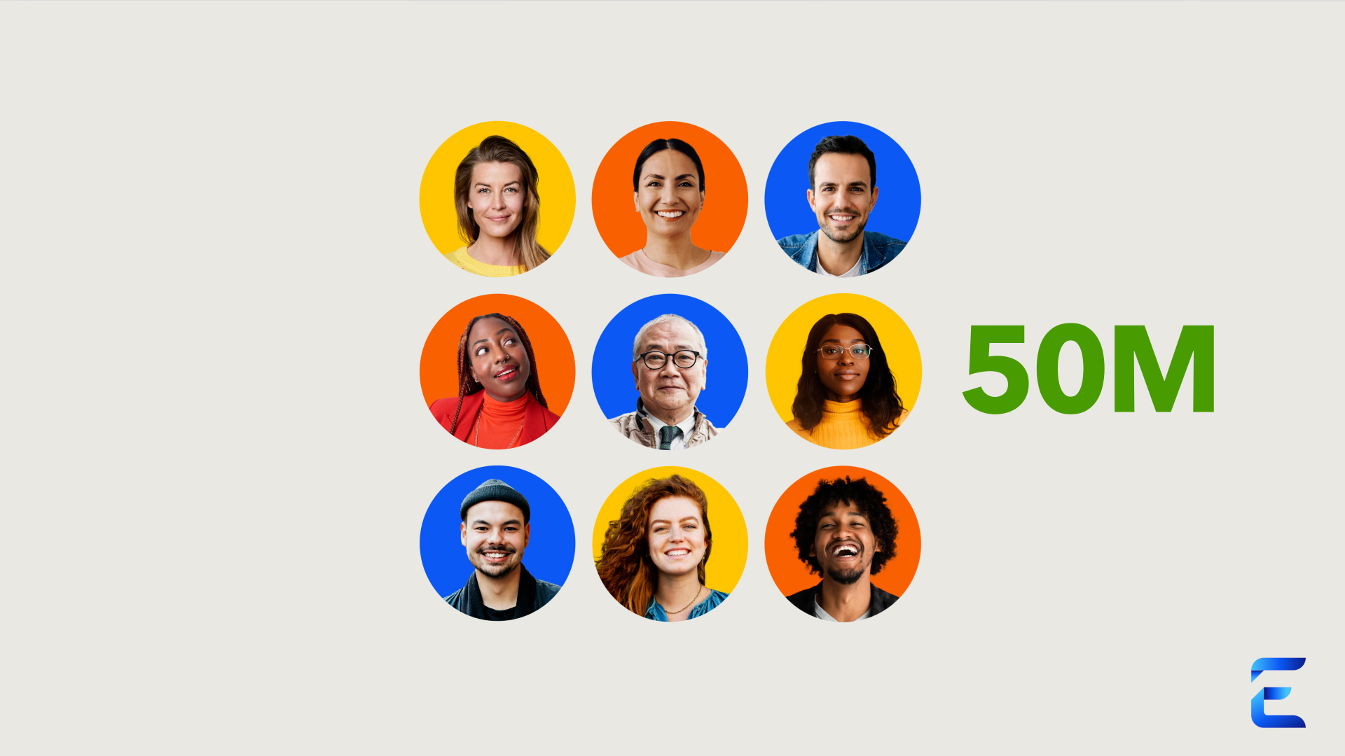 Nine circles arranged in a square, varying between yellow, orange and blue backgrounds feature nine separate headshots of happy people. “50M” appears next to the circles in green text.