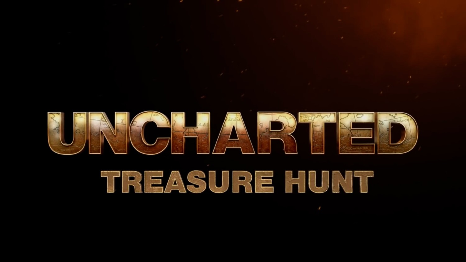 UNCHARTED film logo with the words “treasure hunt,” below. Embers fall from right to left.
