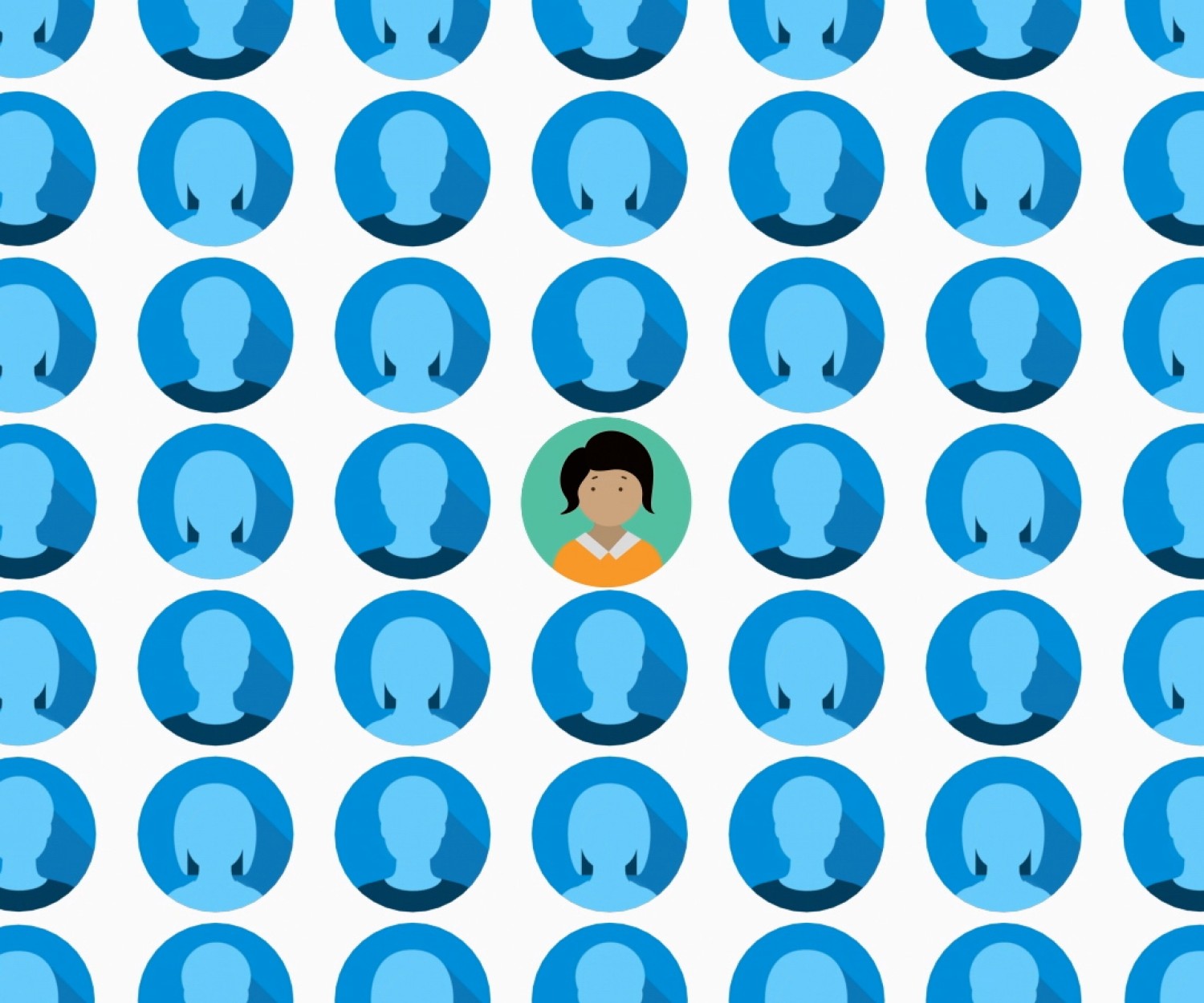 A screen is full of 49 blue circles, equally spaced. They alternate between male and female icons within 48 of the circles. The centermost circle features a rendering of a woman wearing an orange shirt over a green background.